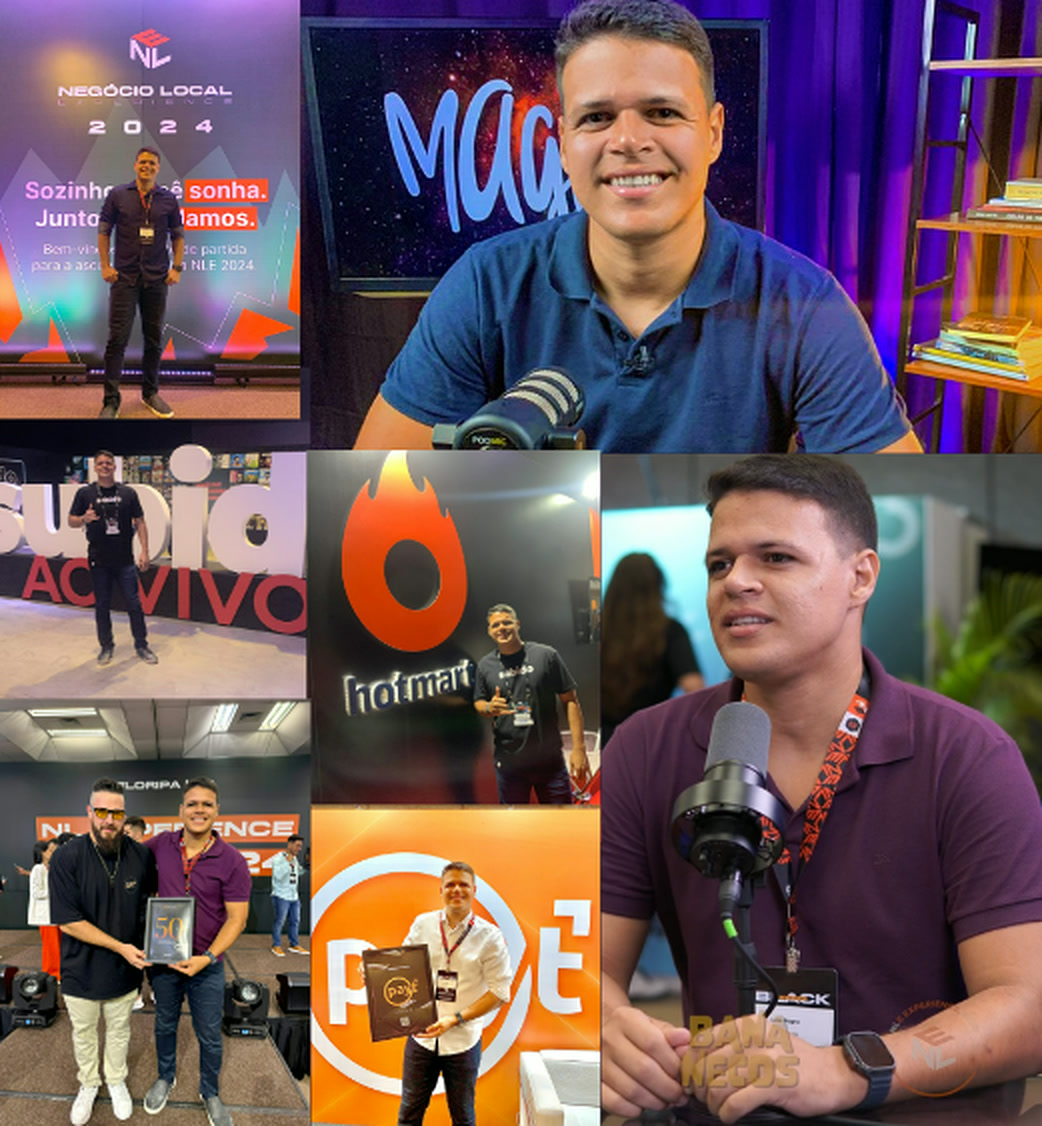 Mosaico de fotos do Lucas Magno: no palco do Negócio Local 2024, em evento ao vivo, na Hotmart, gravando podcast e recebendo premiações